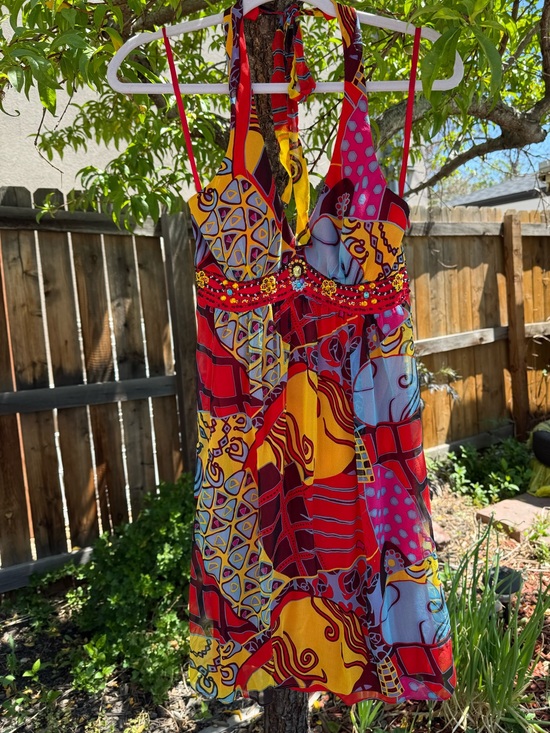 Sue Wong Dresses & Skirts - Sue Wong vintage VTG 100% silk flowy halter top Y2K beaded dress bright colors